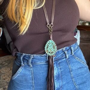 Brown Leather Western Styled Necklace & Turquoise Wood Iridescent Gem Pendant